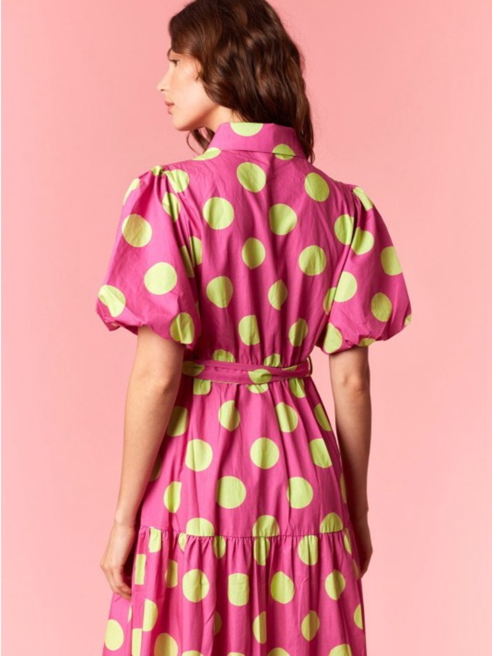 NWT PINK POLKA DOT COTTON POPLIN PRINTED PUFF SLEEVE MAXI DRESS POCKETS - Picture 9 of 9